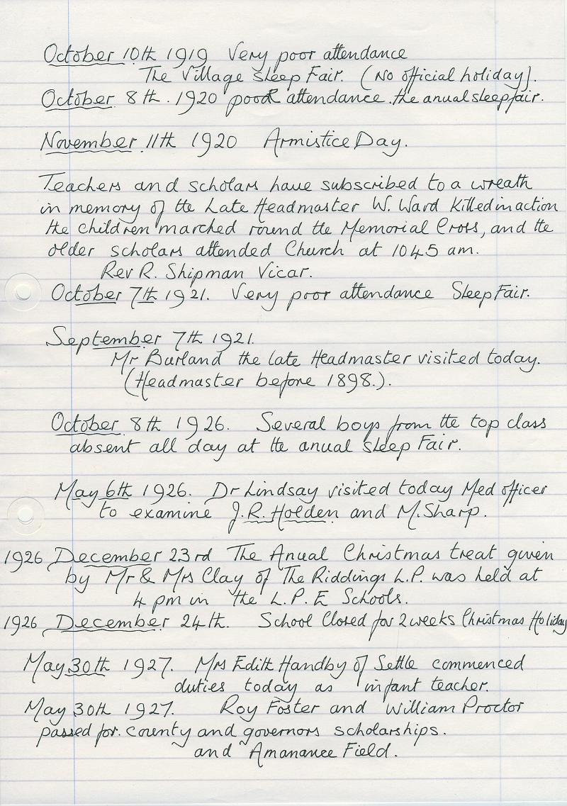 Log Book 1919-27.JPG - Extracts from Long Preston Endowed School Log Book 1919-27